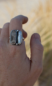 Pearl + Petoskey ring; size 10